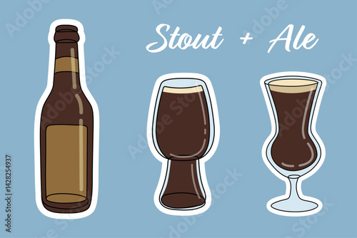 Dark Beer Set: Stout & Ale. One Line Vector Illustration.