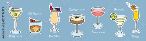 Cocktail Set: Martinis, Old Fashioned, Pina Colada, Mimosa, Margarita. One Line Colour Illustration.