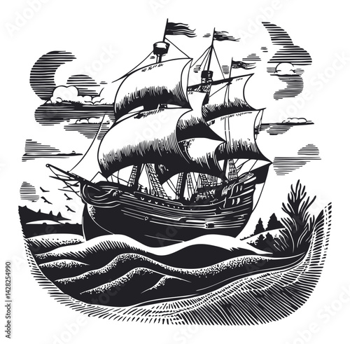 Intricate Hand-Drawn Ship in Linocut and Woodcut Style Artwork