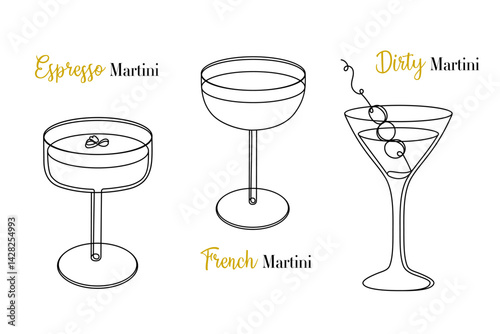 Martini Set: Espresso, French, Dirty. Continuous One Line Vector Illustration.