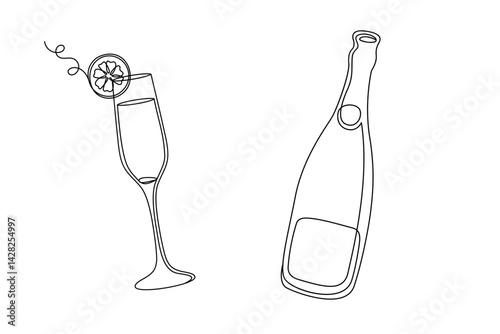 Mimosa Cocktail with Champagne Bottle. Minimalist One Line Illustration.