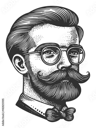 Vintage Hand-Drawn Portrait of Distinguished Man with Mustache