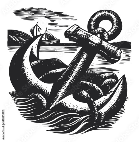 Hand-drawn Anchor Illustration in Linocut and Woodcut Style