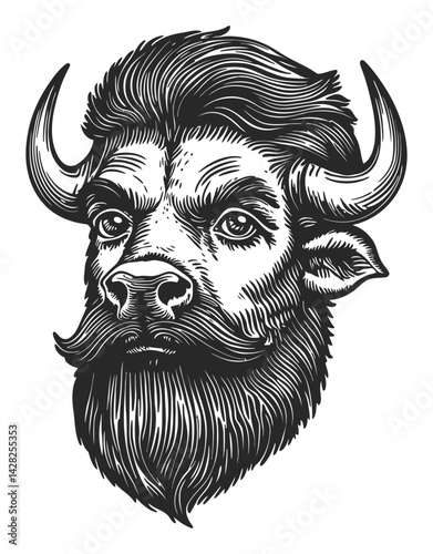Hand-Drawn Vintage Buffalo with Intricate Linocut Woodcut Style