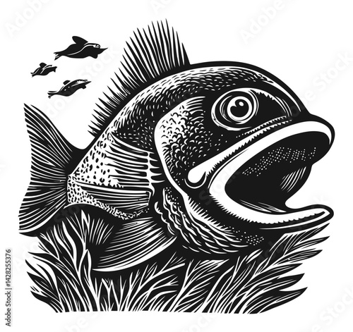 Detailed Hand Drawn Linocut Style Fish Illustration with Sea Life