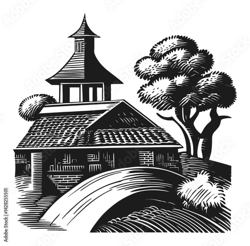 Hand Drawn Linocut Style Artwork of Cottage with Trees and Bridge