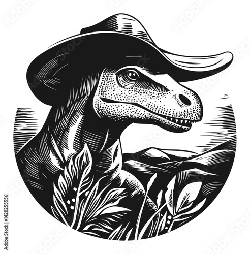 Hand-Drawn Linocut Style Dinosaur with Cowboy Hat Illustration
