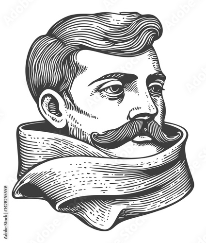 Vintage Hand-Drawn Portrait of a Man with Mustache in Linocut Style