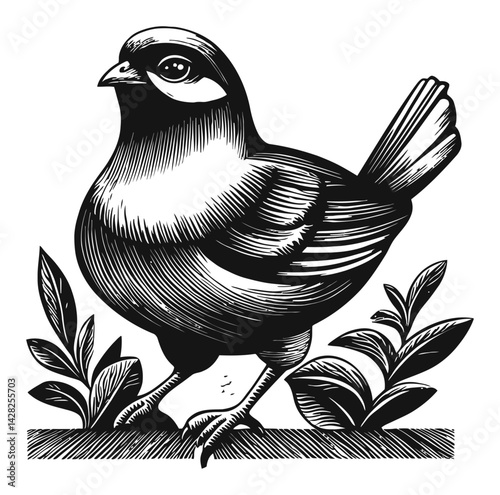 Bird Illustration in Hand-Drawn Linocut Style with Leaves