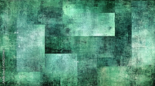 A textured abstract background featuring varying shades of green and layered rectangular shapes.