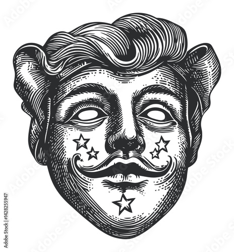 Classic Vintage Circus Clown Mask Illustration in Linocut Style
