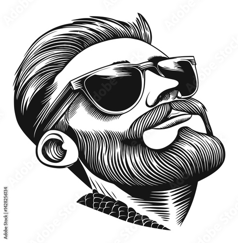 Stylish Man in Sunglasses in Hand-Drawn Linocut Woodcut Style