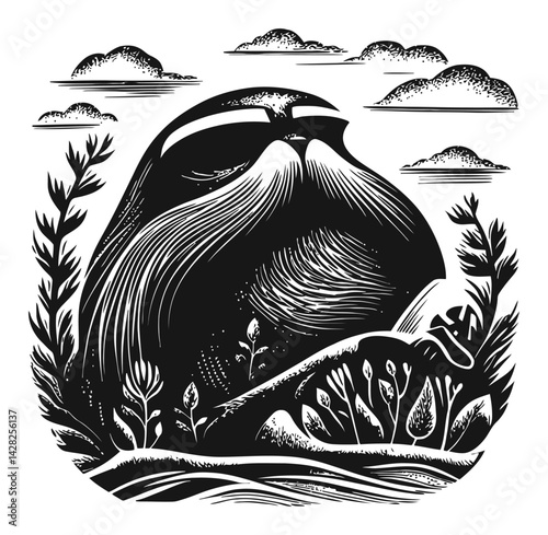 Serene Seal in Nature - Hand Drawn Linocut Woodcut Style Artwork