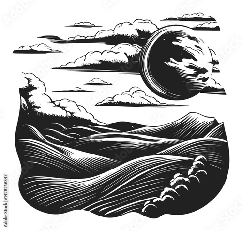 Hand Drawn Linocut Style Landscape with Clouds and Celestial Body