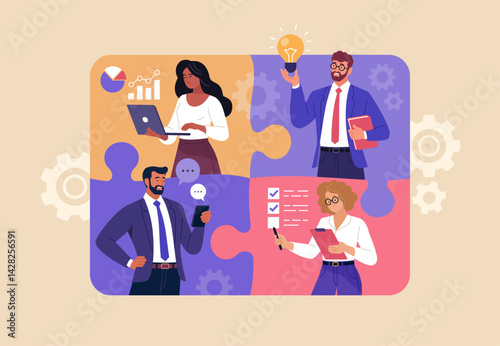 Business Teamwork Concept. Vector illustration in flat style of puzzle pieces with different people in business suits in each, performing various work tasks. Isolated on background.
