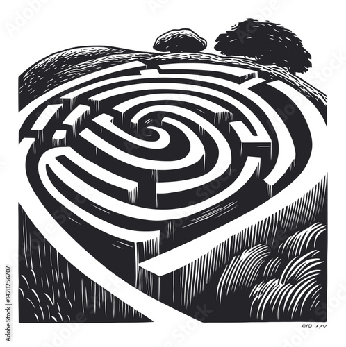 Hand-Drawn Linocut Maze Design in Monochrome Style