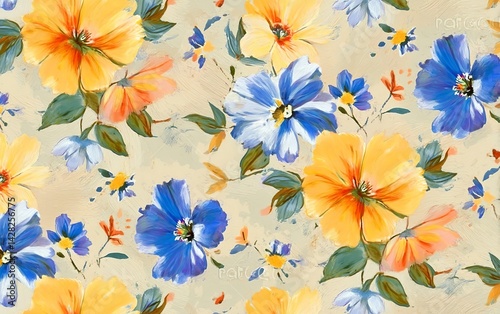 floral pattern with blue, orange, yellow, and white flowers on beige background