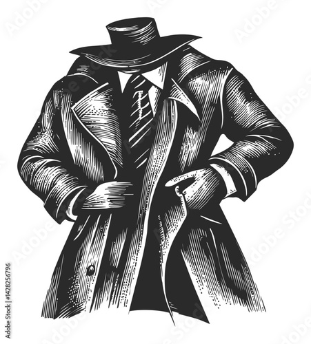 Elegant Hand-Drawn Linocut Style Illustration of a Trench Coat