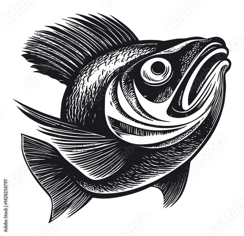Hand Drawn Fish in Linocut Style with Intricate Detailing