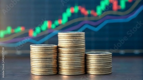 Stacks of gold coins in front of trading chart with green and red graph lines. Finance and investment concept. Design for banner and print. photo