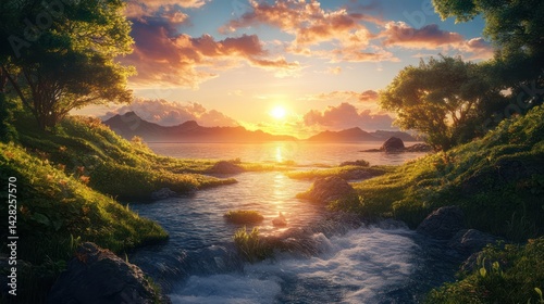 Sunset over tranquil river flowing to the sea through lush green land for travel use