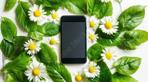 A smartphone surrounded by green leaves and daisies, symbolizing nature and technology.