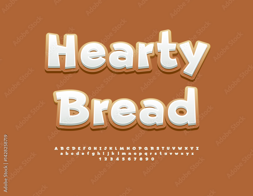 Vector Tasty label Hearty Bread. Bright Gingerbread style Font. Funny White Alphabet Letters and Numbers set. Vector Tasty label Hearty Bread. Bright Gingerbread style Font. Funny White Alphabet Letters and Numbers set.