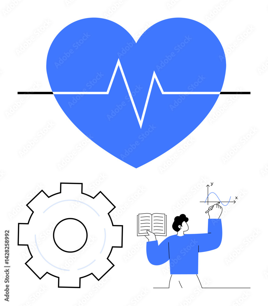 Blue heart with heartbeat line, gear symbolizing technology, person teaching graphs. Ideal for health, education, technology, teamwork, analytics, innovation simple landing page Blue heart with heartbeat line, gear symbolizing technology, person teaching graphs. Ideal for health, education, technology, teamwork, analytics, innovation simple landing page