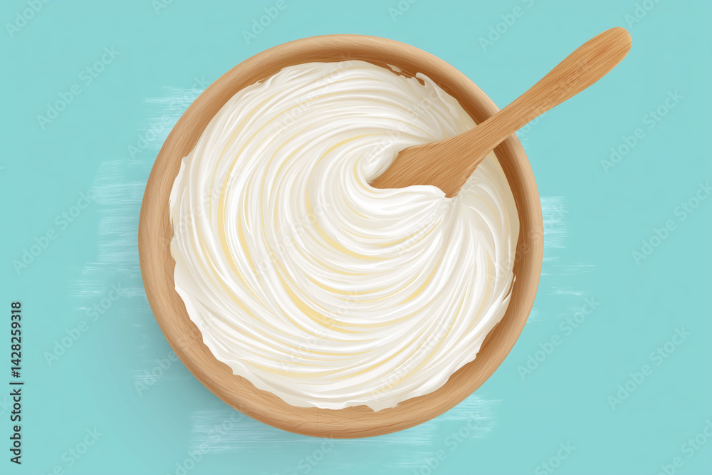 Wooden bowl filled with creamy white yogurt and wooden spoon on blue background. Top view