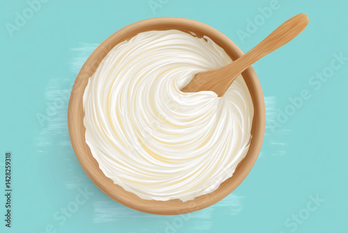 Obraz na płótnie Wooden bowl filled with creamy white yogurt and wooden spoon on blue background. Top view w salonie