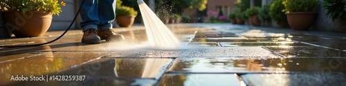 Stone slabs being cleaned with high pressure cleaner, water splashing, outdoors, spraying, equipment