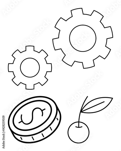 Large and small gears, a coin with a dollar sign, and a cherry with leaves. Ideal for economy, finance, business strategy, growth, sustainability, manufacturing simple landing page