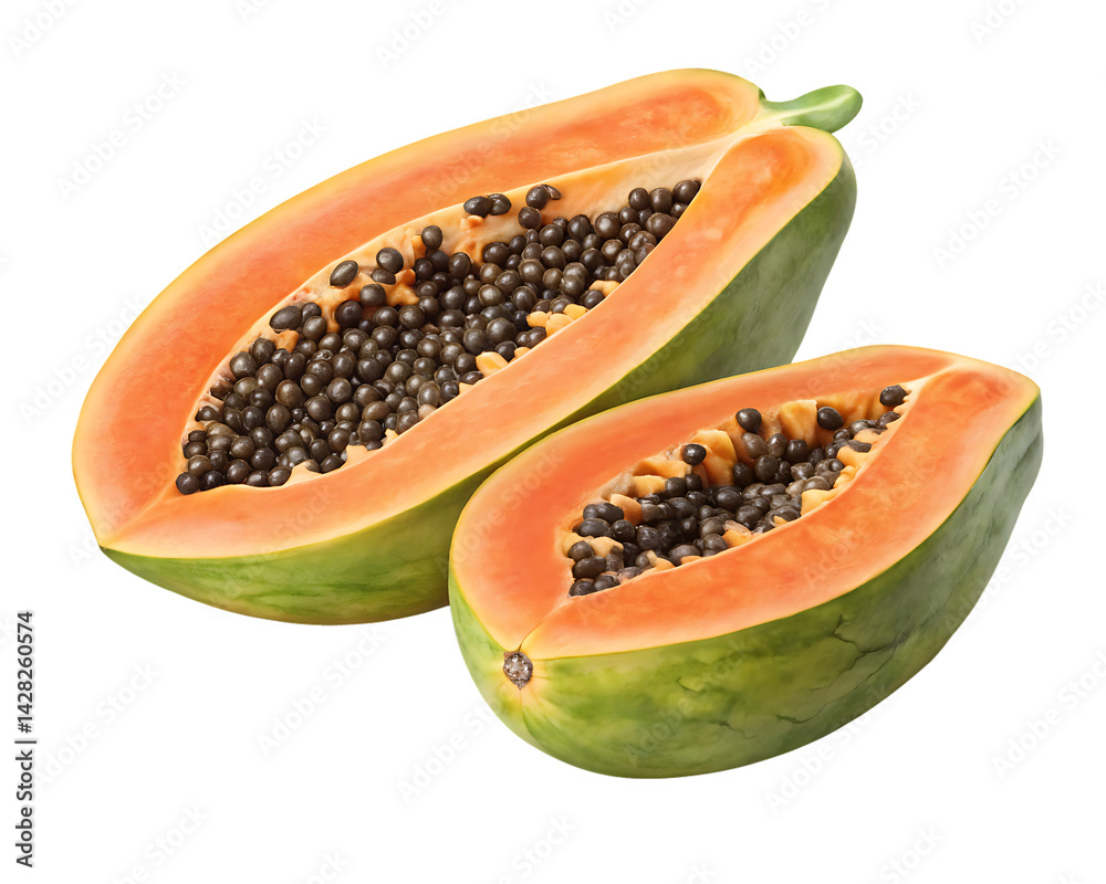 papaya cut in half with seeds visible isolated on white background, PNG papaya cut in half with seeds visible isolated on white background, PNG