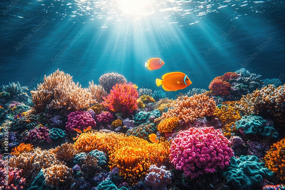 Fototapeta premium Vibrant underwater coral reef with fish and sun rays shining down