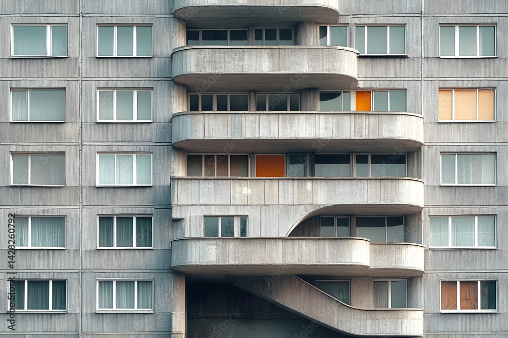 Facade of a Grey Multi-storey Panel building in Russia, Soviet architecture houses Facade of a Grey Multi-storey Panel building in Russia, Soviet architecture houses