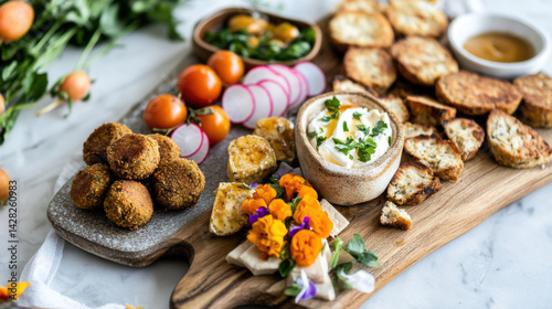 Brunch board with vegetarian protein appetizers and vibrant accents