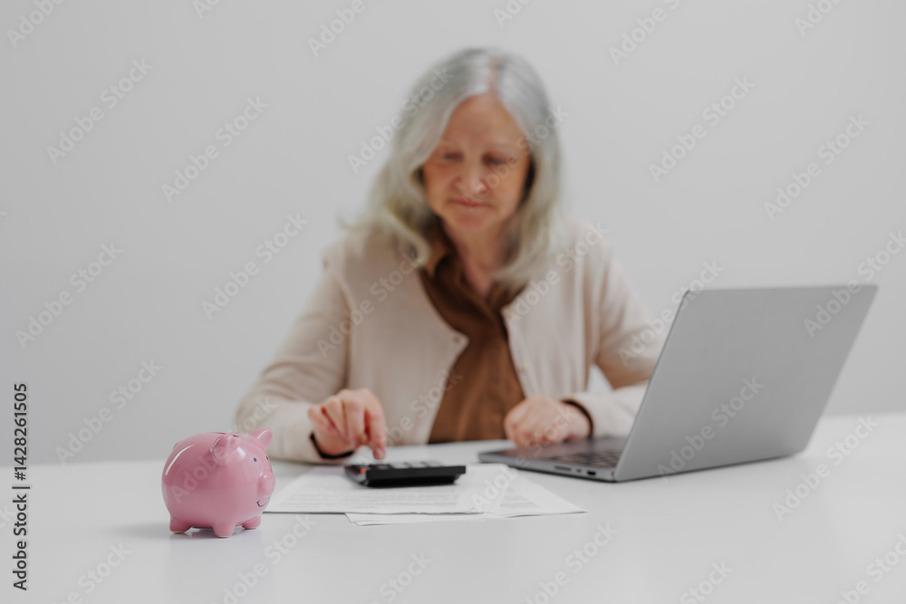 Calculating finances at a desk with a piggy bank and laptop during a budget planning session