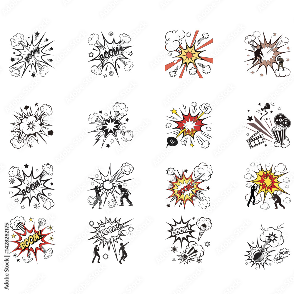 Comic burst explosion vector, comic boom elements, and speech bubbles in black silhouettes. Ideal for comic designs, pop art, and retro style illustrations 