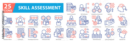 Skill Assesment Icon Sheet contract evaluation, employee training, results, skill verification, competency assessment, aptitude, benchmark, certification, professional expertise, performance review