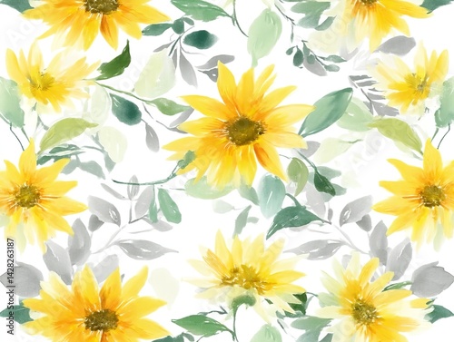 pattern of bright yellow sunflowers with green leaves on white background