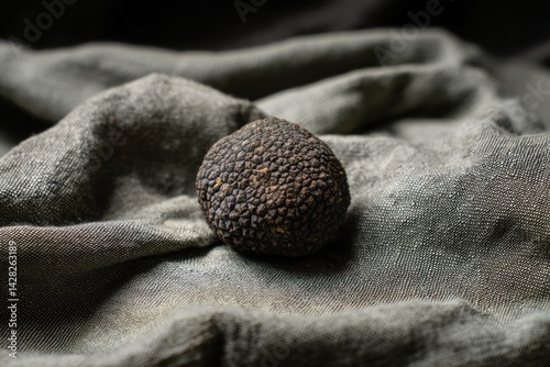Whole black truffle on rustic linen cloth, luxurious gourmet ingredient prized in French and Italian cuisine

