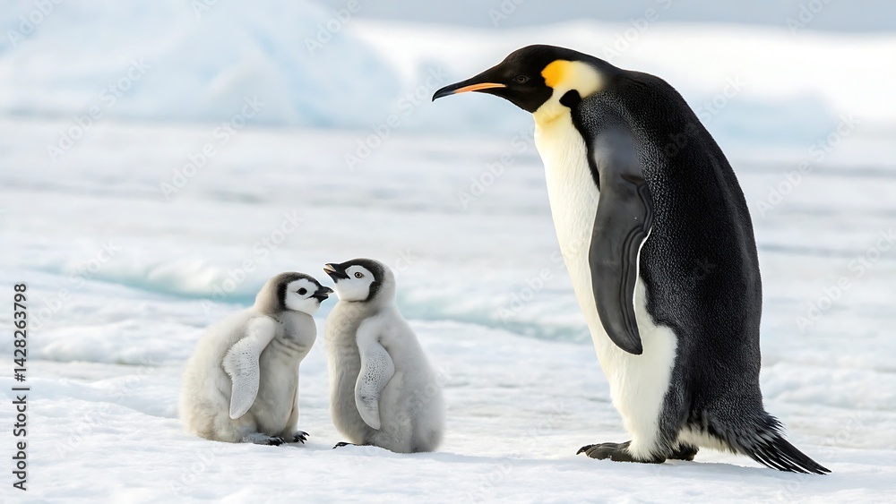 Obraz premium Emperor penguin, two fluffy penguin chicks, icy landscape, Antarctica