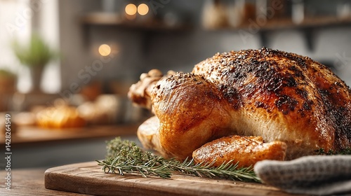 Thanksgiving turkey with herbs on wooden board in cozy kitchen  