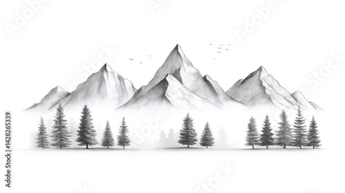 Mountain range pencil sketch featuring pine trees foreground, soaring birds overhead