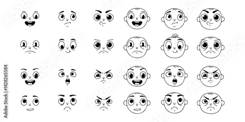 A collection of cartoon faces displaying various emotions in a black and white illustration style