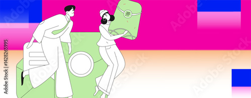 Use red envelopes to attract new customers and promote activity. Flat vector character concept illustration
