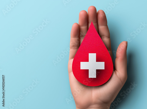 hands holding blood drop paper cut, blood transfusion, world blood donor day, red cross to give blood.world hemophilia day concept photo