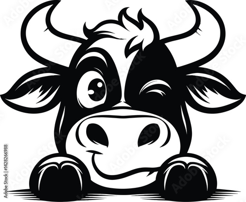 Cartoon Bull Face Peeking Silhouette Vector