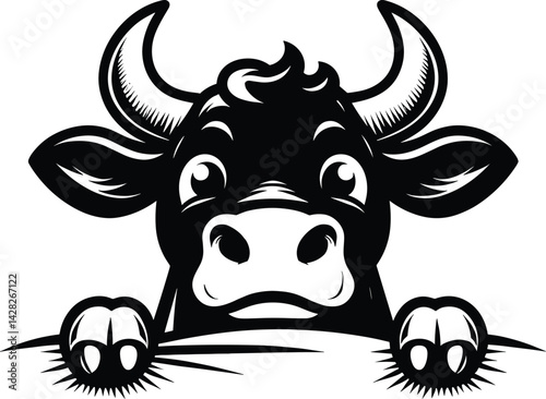 Cartoon Bull Face Peeking Silhouette Vector