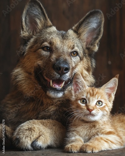 Un pastor alemán y un gatito naranja se acurrucan juntos, mostrando una adorable amistad.